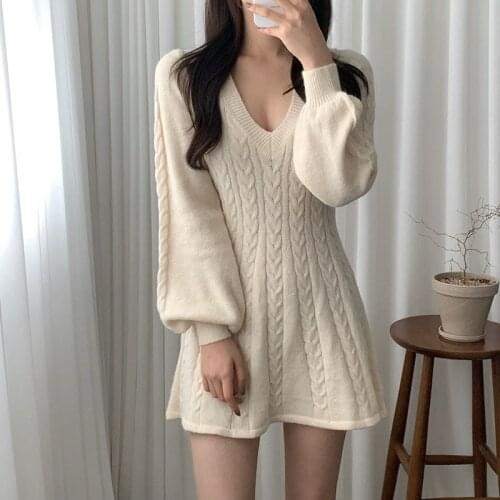 Womens Clothing 2021 Autumn Winter Korean Fashion V-Neck Twist Vintage Chic Knit Mini Dress Pink Khaki Vestidos