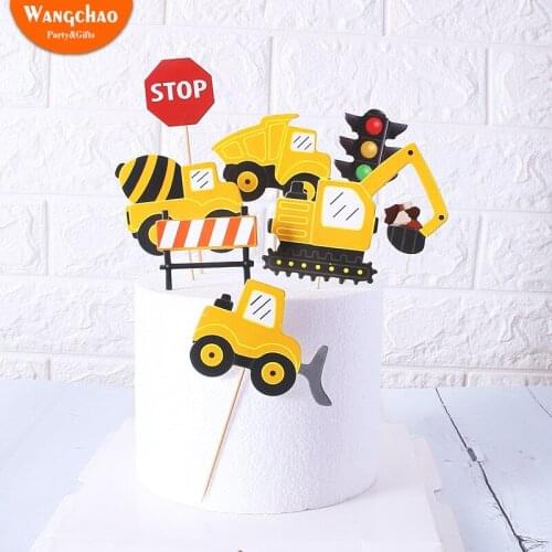 1 Set Excavator Bulldozer Theme Happy Birthday Cake Topper Party Supplies Kids Favors Boy Childrens Gift Cake Toppers