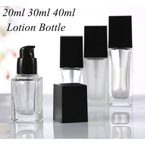 50pcs 20ml 30ml 40ml Clear Square Glass Bottle with Black Pump for Lotion Essential Oli Moisturizer Facial Water Liquid Cream