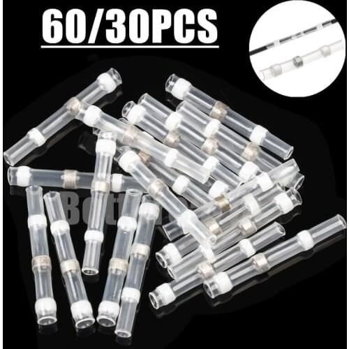 60/30PCS Waterproof Solder Seal Wire Connectors Heat Shrink Butt Connectors Electrical Wire Terminals Insulated Butt Splices