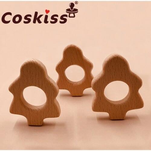 Coskiss Food Grade Christmas Tree Beech Wooden Teether Baby Teether for Kids Childrens Toy Diy Making Wooden Rings Teething Toy