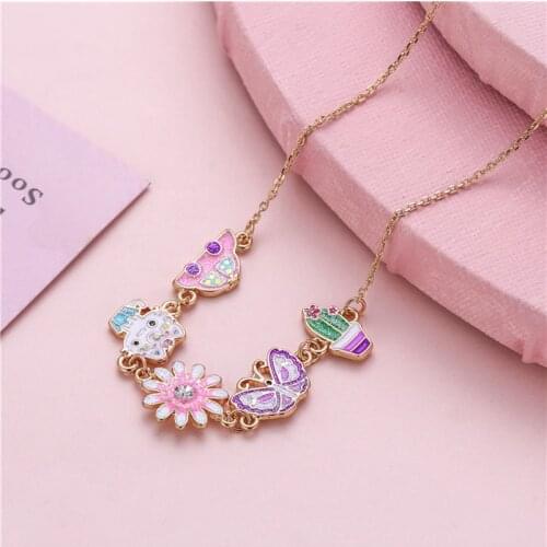 Kids jewelry enamel car cat floral pendant necklace for girls cute carton animal necklace toys gift colorful