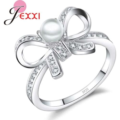 Cute Bowknot 925 Sterling Silver Filled High Quality Round Pearl Crystals Delicate Wedding Jewelry for Women Girls Wedding