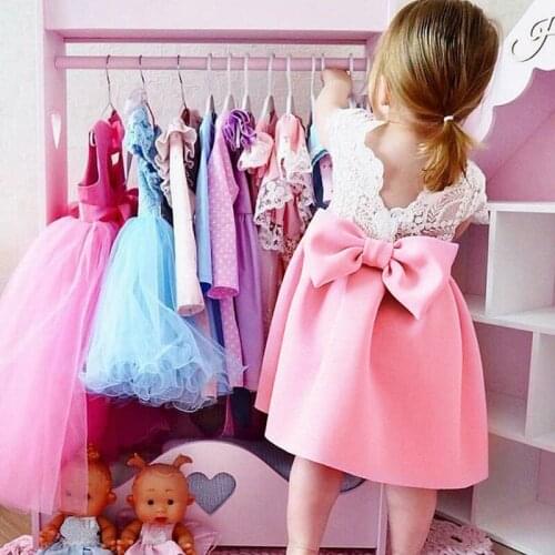 2019 Lace bow backless princess dress girls summer floral dress for elegant baby girl birthday baptism dresses Children costumes