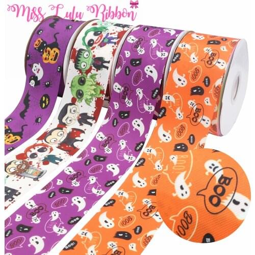16mm-75mm Halloween Pumpkin Devil Gift Decoration Cartoon Printed Grosgrain/Foe Ribbon DIY Festival Hair Bowknots 50yards/roll