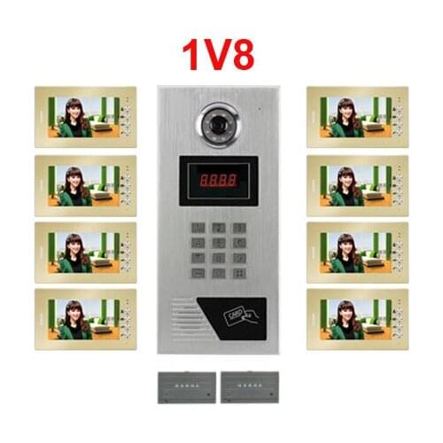 Multi Building Video Intercom System 7" LCD Video Door Phone Password Unlocking CCD Outdoor Camera 8-Apartments Video Doorbell
