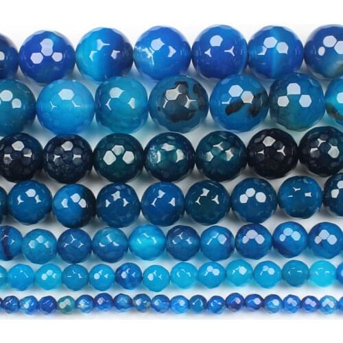 Natural Faceted Blue Ag-ates 4-14mm Round Beads 15" ,Wholesale For DIY Jewellery Free Shipping