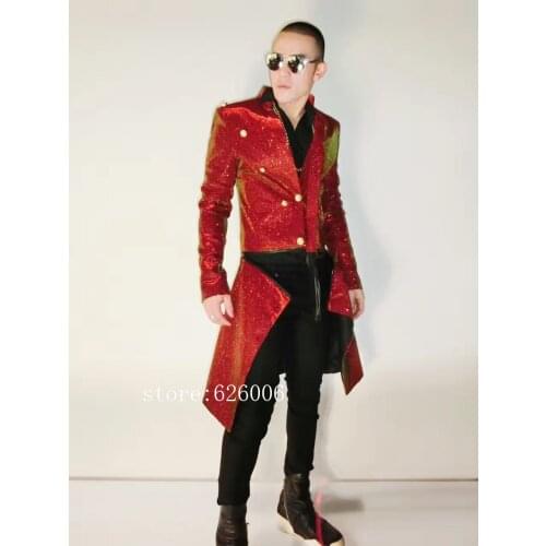 NightClub DJ male singer dancer party show stage Mens red and green dazzle colour glitter long detachable jackets costumes