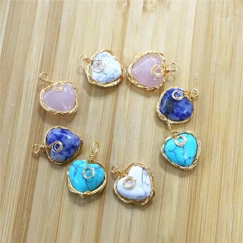 Wholesale 10pcs Wound Natural Stone Heart Shaped Pendant Quartz Agates Turquoises Stone Jewelry Making Necklace Pendant