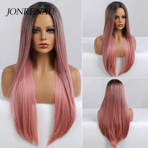 Jonrenau Long Straight Midium Part Synthetic Ombre Pink Wigs Cosplay Daily Use Hair Wig for Women Heat Resistant Fibre
