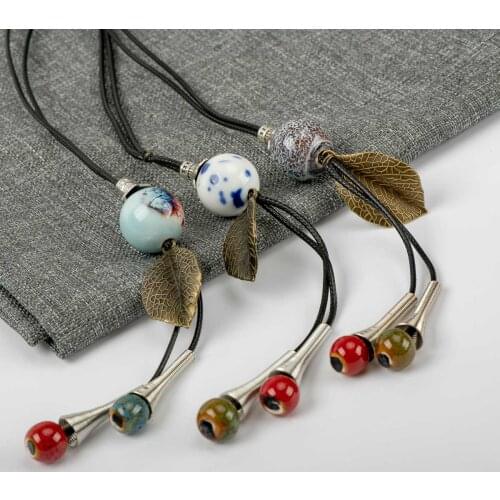Hand-made Long Rope Ceramic Beads leaf Necklaces for women drop shipping #GY369