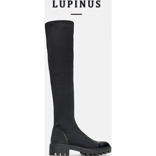 2021 Platform Heel Knee High Boots Women Slim Stretch Lycra Long Boots Winter Warm Fur Sock Boots Ladies Over The Knee Boots