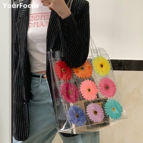 Chic kawaii vintage multicolor sunflower shopping bag transparent pvc Jelly pack handbag shoulder bags