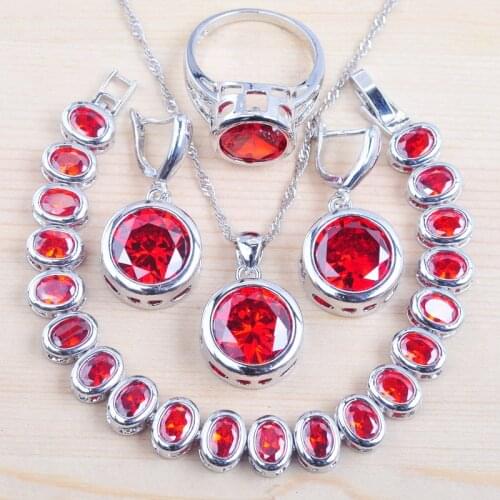 Bridal jewelry Round Red Zirconia For Women Silver Color Jewelry Sets Bracelet Necklace Pendant Earrings Ring Set QS0145