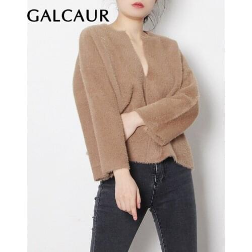 GALCAUR Solid Sweaters For Women V Neck Long Sleeve Casual Loose Oversized Knitting Pullovers Female 2021 Winter Clothing Style