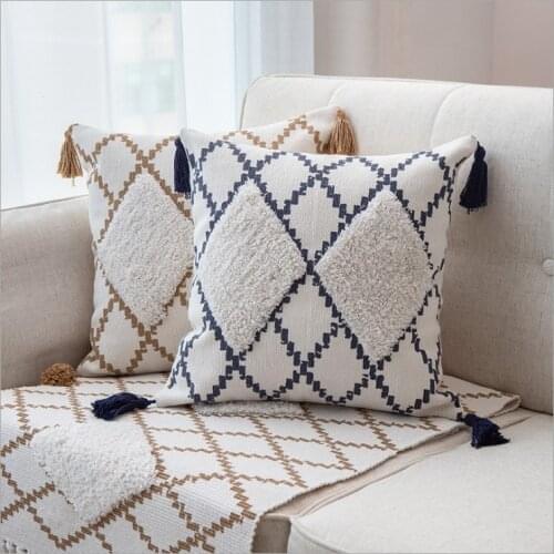 Navy Brown Handmade Geometric Embroidery Pillow Cover Tassels Home Decor Cushion Cover Sofa PillowCase Pillow Sham 45x45cm