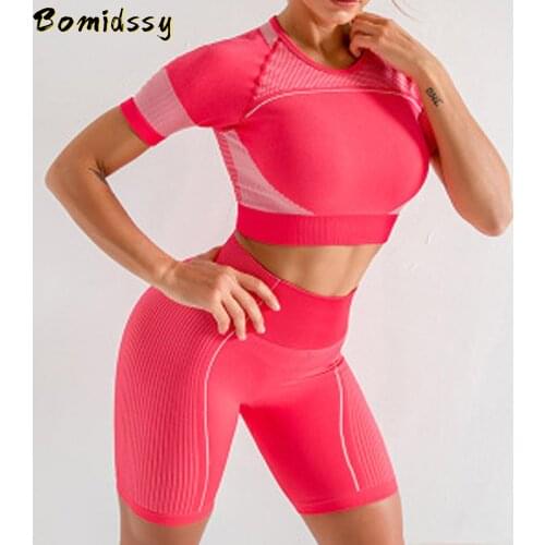 Womens Seamless Gym Workout Clothes High Waist Leggings Sports Bra Fashion Short Sleeve Tops Fitness Running Shorts Yoga Pants