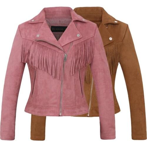 Women New Long Sleeve Back Tassels Long Leather Tassels Jacket The Misfit Fringe Color Brown Slim Boyfriend Style PU Jacket Coat