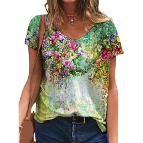 5XL Oversized Ladies Tops Women Plus Size Floral 3D Print T Shirt Loose V-Neck Short Sleeve Casual Tee Top Summer Streetwear