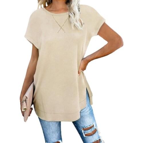 2020 Women Spring Summer Women New Fashion Solid Color Round Neck Short Sleeve T Shirt Front and Rear Split Tops