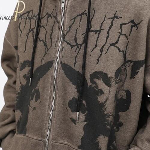 Oversized Vintage Brown Print Hoodies Female Zip Up Long Sleeve Women Sweatshirt Y2k Autumn Winter Aesthetic Grunge Streetwear