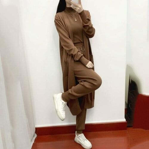 Sweaters Suit Female Chic Fall 2021 New Fashion Casual Knitted Vest + Knitted Jacket + Trousers Three-Piece Sets Ladys Suits