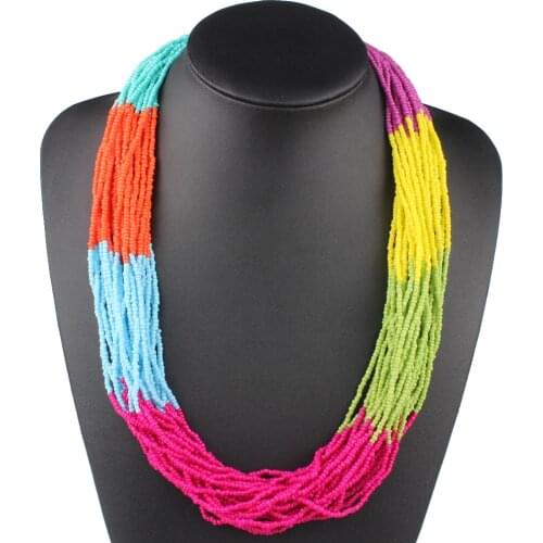 Claire Jin Handmade Small Beads Strand Colorful Bohemian Necklace Women Fashion Choker Multi Layer Necklaces Vintage Jewelry
