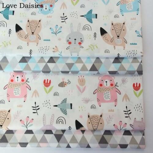 100% Cotton Twill Cloth Cartoon WHITE Pink Blue Animals Bear Fox Flower Tri angle fabric for DIY bedding Cushion Dress Patchwork