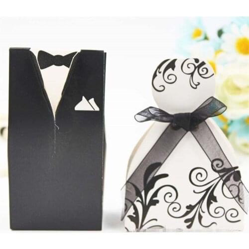 100Pcs Bridal Gift Cases Groom Tuxedo Dress Gown Ribbon Wedding Favors Candy Box Sugar Case Wedding Decoration Mariage