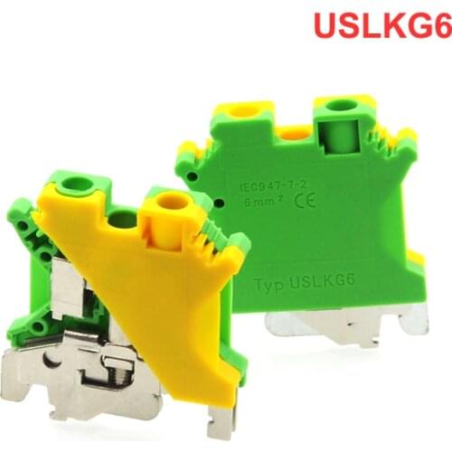 2Pcs Ground Terminal Blocks USLKG6 DIN Rail Screw Bornier UK-6N Yellow Green Earthing Morsettiera Connector 10AWG 6mm²
