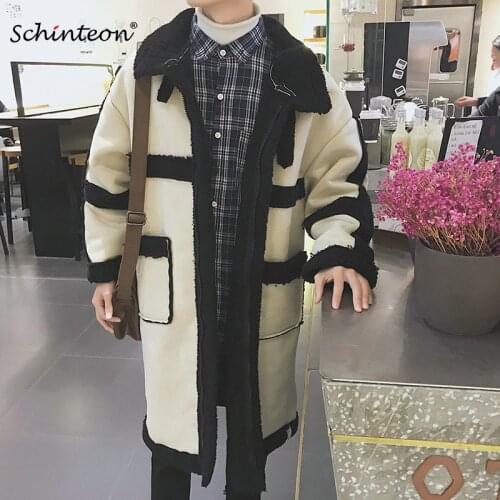 2018 Schinteon Men Leather Warm Winter Long Jacket Loose Outwear Faux Lambswool Spliced Suede Leather Casual Garment