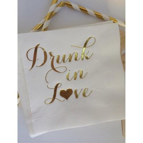 50pcs Custom White with Metallic Gold Foil Cocktail Beverage Napkins Napkin Drunk in Love Hearts Heart Wedding Party baby shower