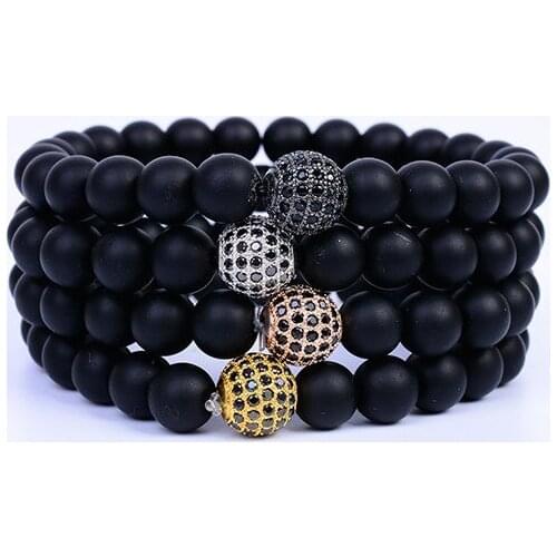 8mm ukf3 gold silver ball Frosted agate Onyx nature black stone a micro pave cz zircon cubic zirconia Bracelet Reiki Chakra