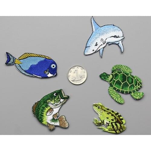 AHYONNIEX Embroidery Frog Turtles Shark Cute Sea Fish Patches For DIY Clothing Iron on Patch with Hot Melt Adhesive on The Back