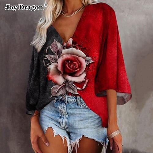 Fashion Summer Woman 3/4 Sleeve Blouse 2021 Cotton Casual Loose Floral Printed V Neck Oversize T Shirt Female Retro Pullovers
