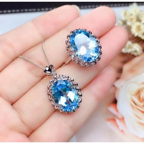 Big size graceful blue gem ring topaz gemstone ring and necklace for one set natural gem real 925 silver girl birthday gift