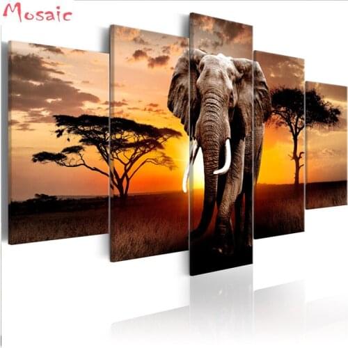 DIY 5D Diamond Mosaic 5Pcs Sunset Elephant Handmade Diamond Painting Cross Stitch Kits Diamond Embroidery Patterns Rhinestones