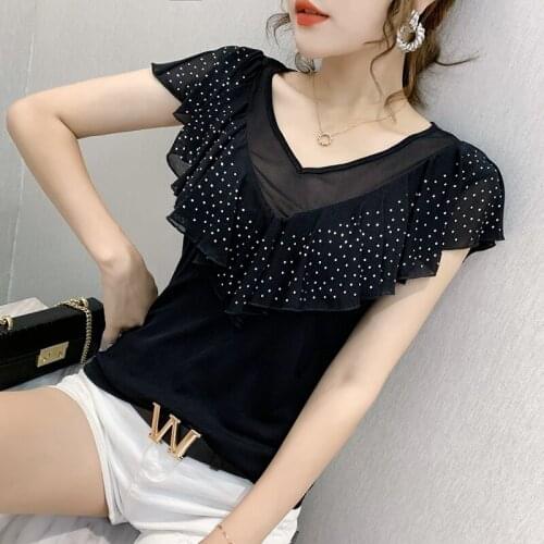 Sexy V-Neck Ruffles Hot Summer New Fashion Drills Net Yarn Western Style Cultivate Short Sleeve T-Shirt Women Feel 2021 Summer