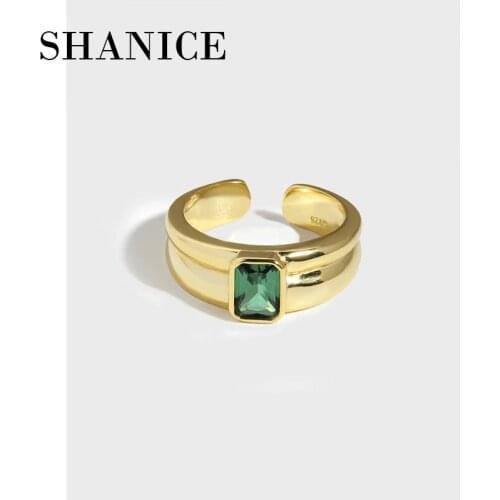 SHANICE Korean Minimalist S925 Sterling Silver Ring Smooth Layered Square Green Zircon Open Finger Cuff Rings Fine Jewelry Gifts
