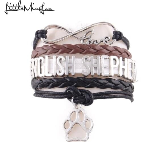 Little MingLou Infinity love english shepherd dog Bracelet pet paw Charm leather wrap men bracelets & bangles for Women jewelry