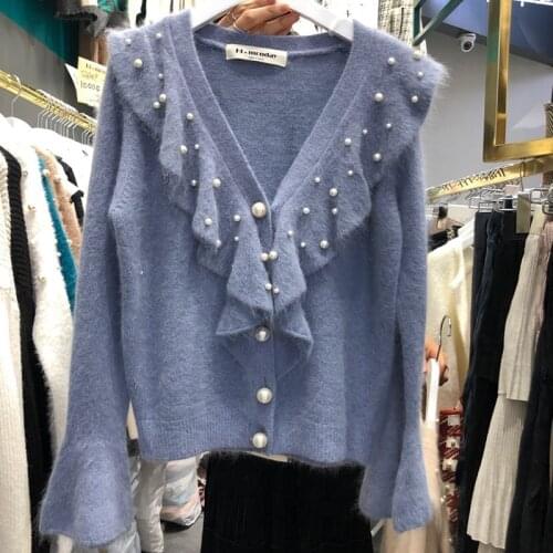 Runway Fashion V-neck Knitted Cardigan Women Sweater Autumn Winter Long Sleeve Female Pearl Beading Outwear Ladies Coat Jumper