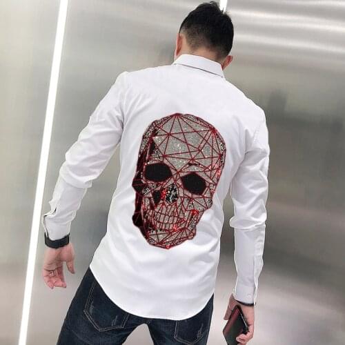 New Design European Skull Style Mens T-Shirt Button Business Exquisite Pure Cotton Lapel Long Sleeve Formal