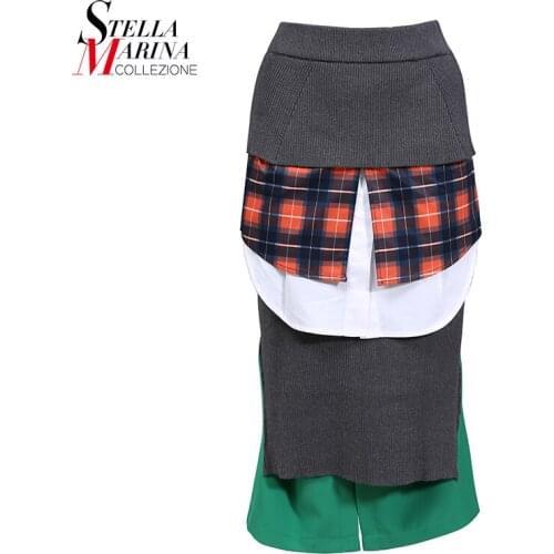 New High Waist 2020 Winter Woman Gray Black Patchwork Straight Wrap Skirt Plaids Split Ladies Unique Casual Skirts Style 6837