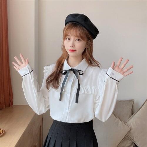 Autumn Japanese Women Blouse Sweet Bowknot Lacing Bowknot Lapel Long Sleeve Fungus Splice Teen Girl Shirt White All-match Tops