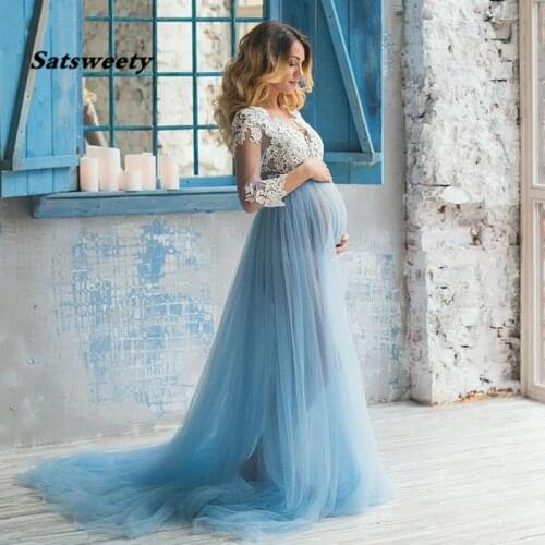 Real Photo Lace Formal Pregnant dress Long Sleeve Tulle Royal Blue Prom Gown Evening Dresses Plus Size 2021 Prom Gowns Party
