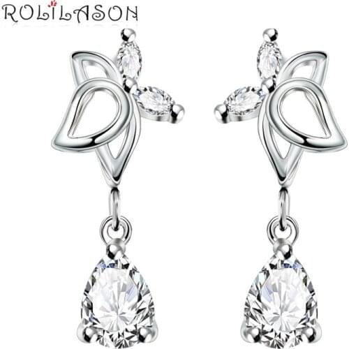 ROLILASON Party gift white zircon Trendy silver color Cubic zirconia crystal Jewelry dangle Earrings JES1138