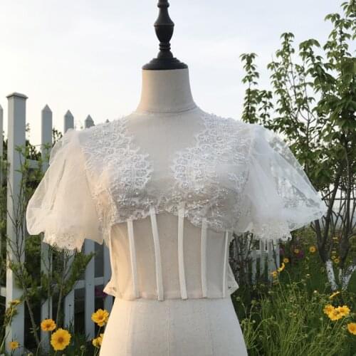 Wedding Cape Bolero White Lace Pearls Puff Sleeve V Neck Jacket Formal Wear Wrap Shawl for Elegant Wedding Bridal Accessories