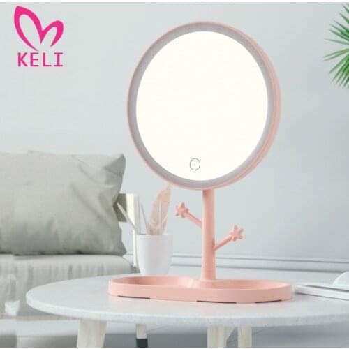 LED Makeup Mirror With Light Ladies Makeup Lamp With Storage Desktop Rotating Mirror Round Shape Cosmetic Mirrors