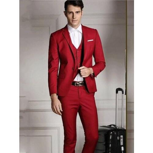 Slim Fits Red Mens Toast Suits Evening Dress Groom Tuxedos Customzie Party Coat Wasitcoat Trousers(Jacket+Pants+Vest+Tie) W:136