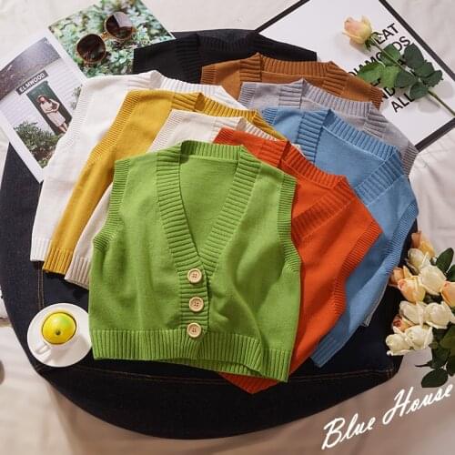 Crop Top Knitted Cardigan Vest Womens Sweater Autumn Winter Korean Wild Sweater Vests Sleeveless Tanks Female Buttons Tops New